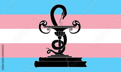 Bandera del orgullo trans o transgénero en azul, rosa y blanco con el símbolo de farmacia. Derecho a la sanidad para la comunidad transexual