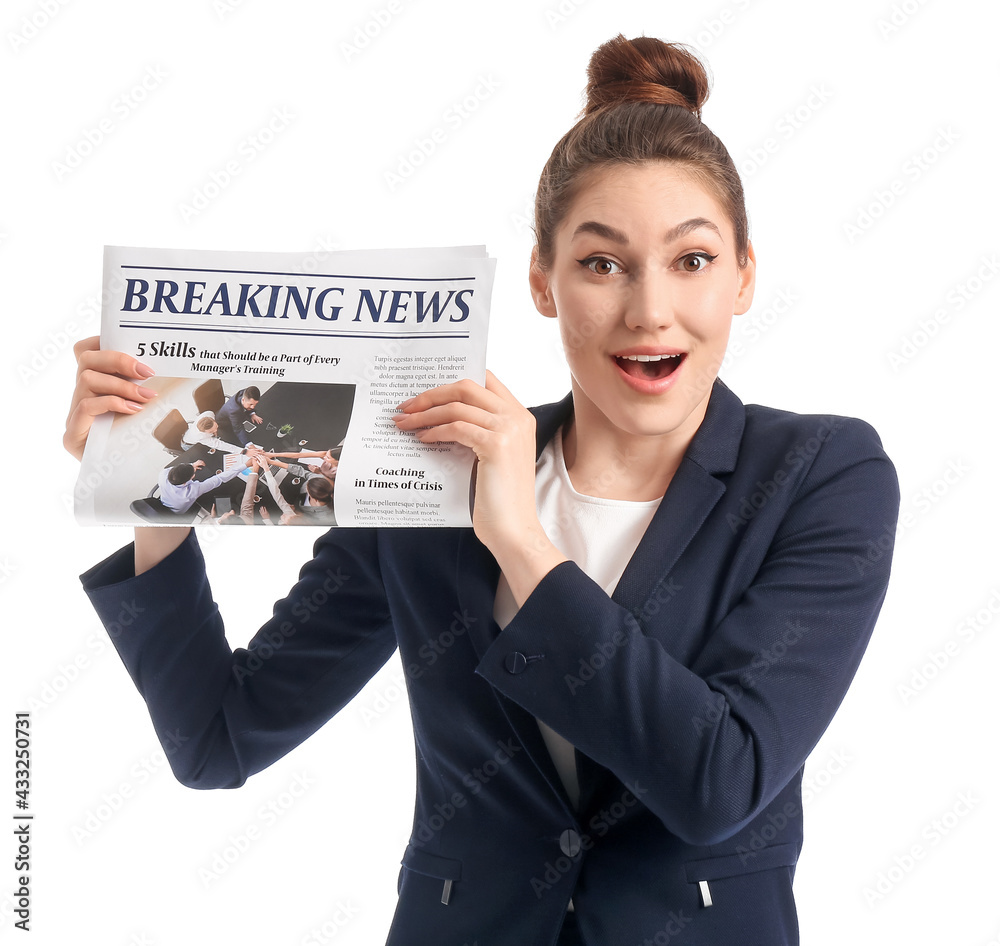 Surprised businesswoman with newspaper on white background Surprised businesswoman with newspaper on white background