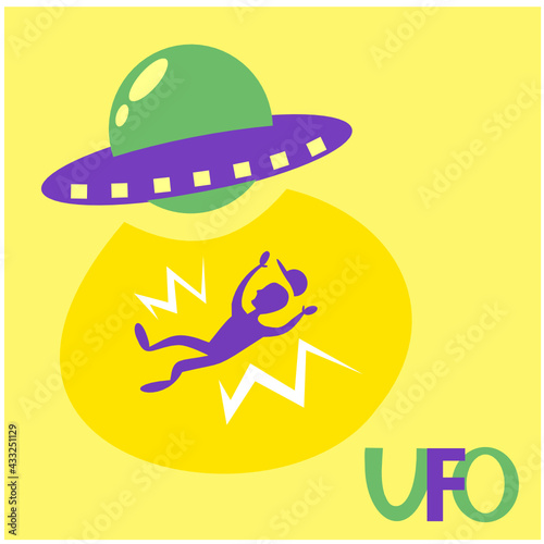 A flying saucer of aliens picks up a person in a stream of light. UFO. Ufo day. Vector illustration.