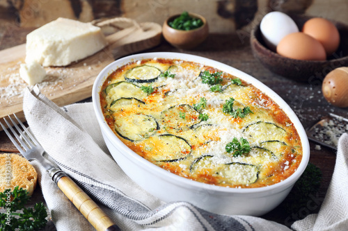 French cuisine. Vegetable zucchini clafoutis with Parmesan cheese
