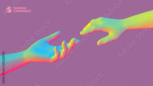 Hands reaching towards each other. Concept of human relation, togetherness or  partnership. Pixel cube art. 3D vector illustration. Can be used for advertising, marketing or presentation.