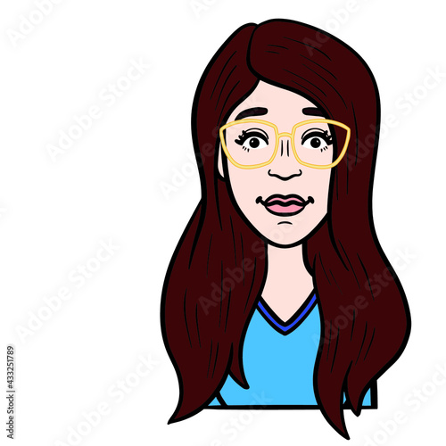 woman with gold glasses. comic avatar, brown hair, blue shirt