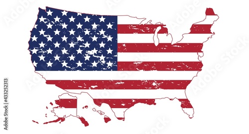 USA flag in America silhouette map  grunge style. Brush stroke USA flag.Old dirty American flag. American Symbol.America map.Vector icon All states