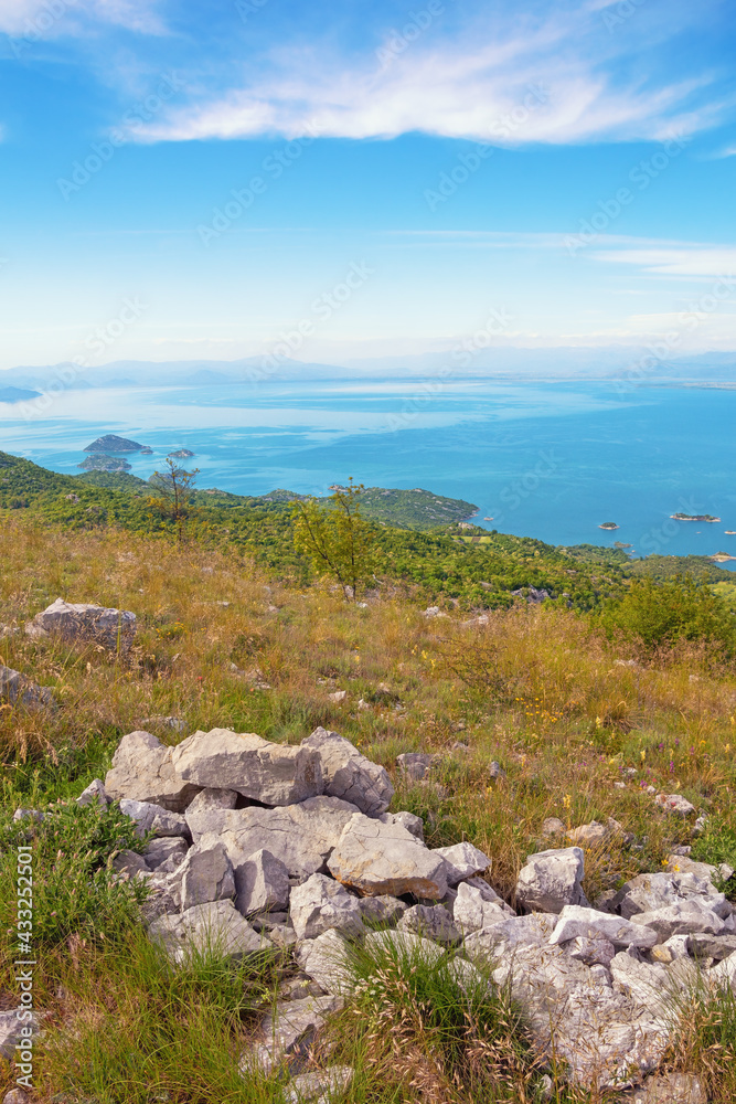 National Park Lake Skadar.  Montenegro. Coast of Skadar lake with small islets, beautiful summer landscape