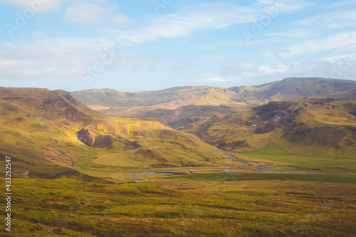 Rugged mountain Icelandic terrain in rural countryside landscape and valley in Hengill, Iceland.