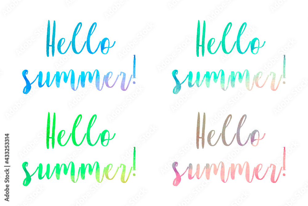 Hello summer lettering watercolor, hand drawing. Watercolor letters background, isolated, white background. Vector illustration