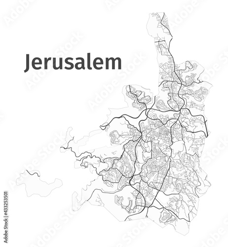 Jerusalem map. Detailed map of Jerusalem city administrative area. Cityscape panorama.
