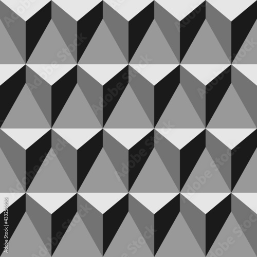 Abstract seamless pattern of gray geometric figures. Repeating vector texture with 3 dimensional triangular pyramids. Monochrome background, suitable for wallpaper, wrapping paper, fabric