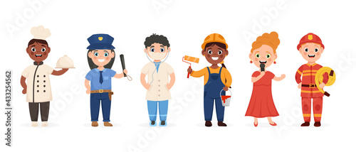 Set of cute kids in various professions. Smiling boys and girls in uniform with professional equipment. Vector illustration.