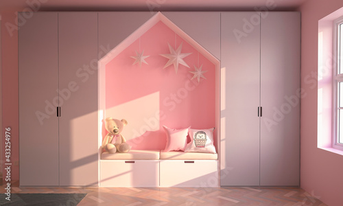 Pink kids bedroom interior design, wall mockup, 3d rendering