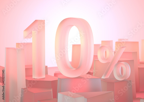 Beautiful 10 ( % ) percent number scene for promotion, the number stands on many blurred transparency boxes step.