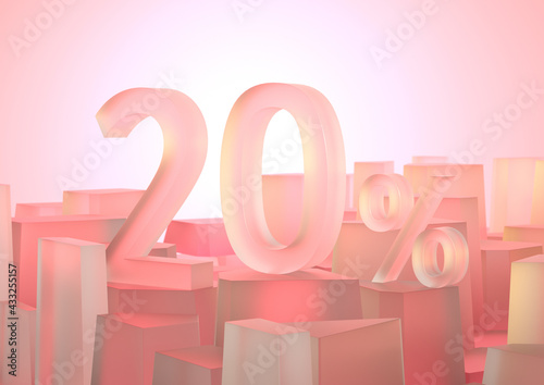 Beautiful 20 ( % ) percent number scene for promotion, the number stands on many blurred transparency boxes step.