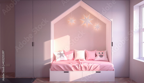 Pink kids bedroom interior design, wall mockup, 3d rendering
