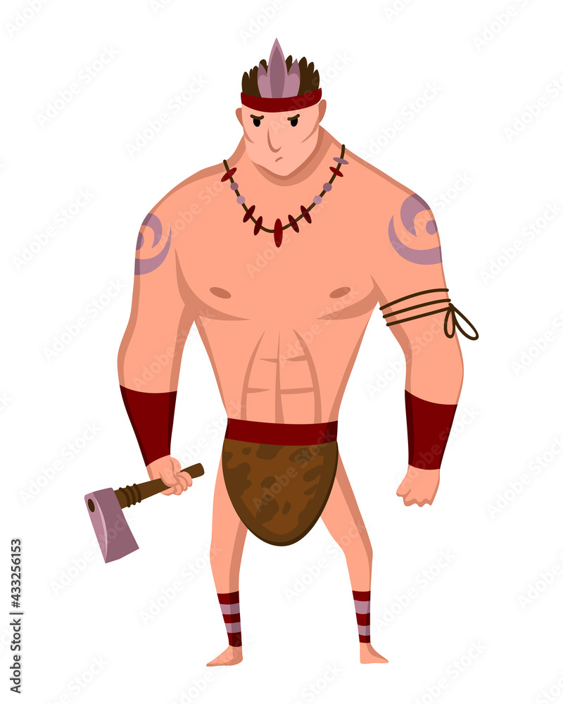 Native American Tribe Member In Traditional Indian Clothing With Weapons. Cartoon dressed man in indian style with ax Native American Tribe Member In Traditional Indian Clothing With Weapons. Cartoon dressed man in indian style with ax