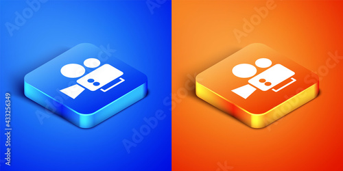 Isometric Cinema camera icon isolated on blue and orange background. Video camera. Movie sign. Film projector. Square button. Vector