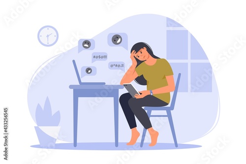 Depressed woman sitting with phone in front of laptop screen  surrounded by message bubbles. Cyber bullying in social networks and online abuse concept. Vector flat cartoon illustration