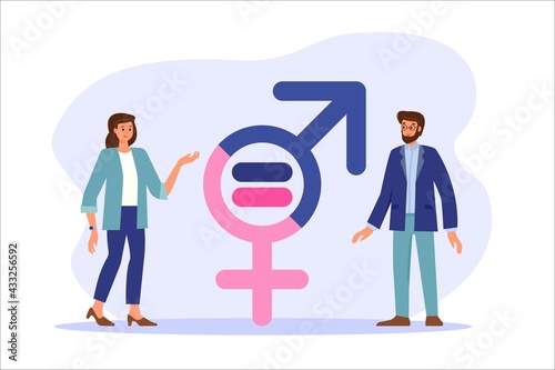 Man and woman standing with gender signs. Concept of gender equality. llustration of male and female equal rights for both sexes. Vector illustration in flat cartoon style for banner, landing page
