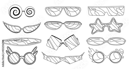 Cartoon eyeglasses or sunglasses in stylish shapes for party and fashion. Optical spectacles. Set of glasses view accessories. Illustration in sketch style. Coloring