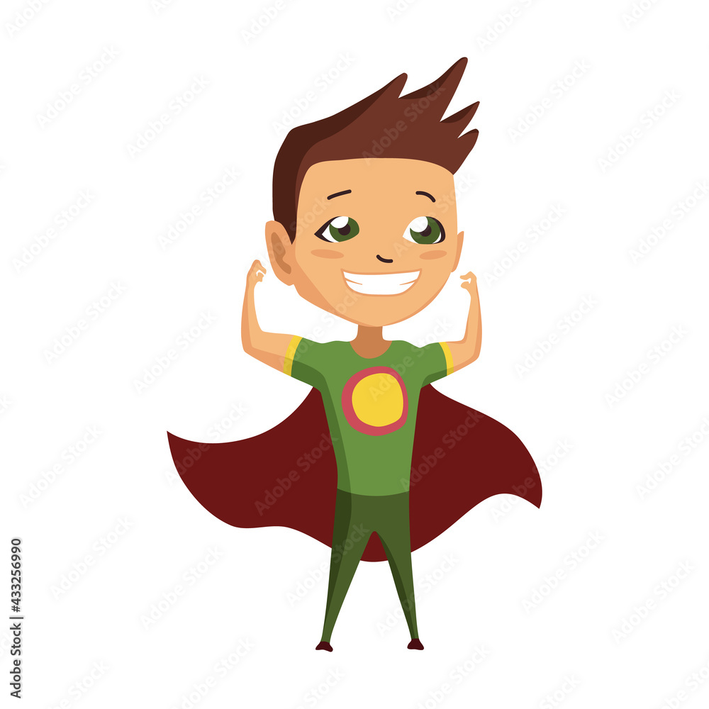 Kid Dressed as Superhero. Cute superhero kid in colorful costume. Funny Flat Isolated kid wearing superhero costume. Movie character Kid Dressed as Superhero. Cute superhero kid in colorful costume. Funny Flat Isolated kid wearing superhero costume. Movie character