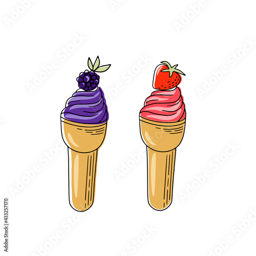 Fruit ice cream in a tube with different flavors on a white plate with colored glaze. Vector illustration