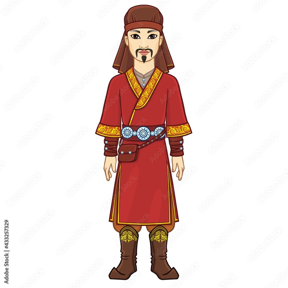 Animation  portrait of  Asian man warrior in a national hat and clothes. Full growth. Central Asia. Vector illustration isolated on a white background.