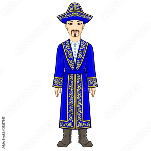 Animation portrait of Asian man warrior in a national hat and clothes. Full growth. Central Asia. Vector illustration isolated on a white background.
