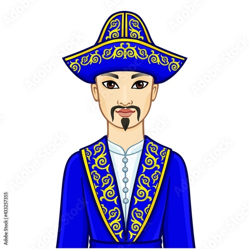 Animation portrait of Asian man warrior in a national hat and clothes. Central Asia. Vector illustration isolated on a white background.