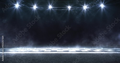 Race circuit and finish line on asphalt ground with blue shining spotlights above the moving mist. Racing sport 4k loop animation.