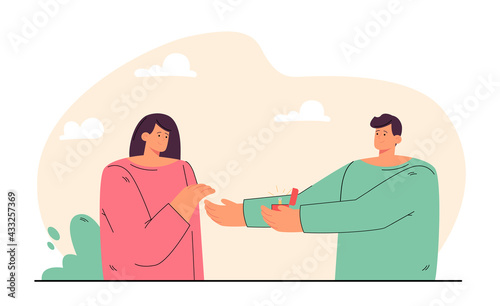 Man proposing to woman. Flat vector illustration. Male character putting wedding ring on happy female person, asking about marriage. Family, proposal, marriage, wedding, tradition concept for design