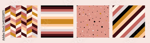 Seamless abstract boho patterns set. Pastel nude polka dots, lines, stripes, diagonal, tiles background. Vector trendy Gold, burgundy, beige color illustration for wallpaper, wrapping paper, textile