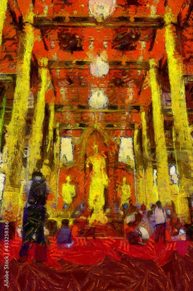 Fototapeta premium Standing buddha Chiang Mai art style Illustrations creates an impressionist style of painting.