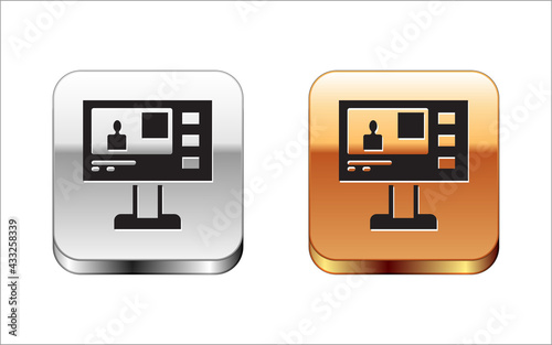 Black Television report icon isolated on white background. TV news. Silver-gold square button. Vector