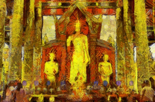 Standing buddha Chiang Mai art style Illustrations creates an impressionist style of painting.