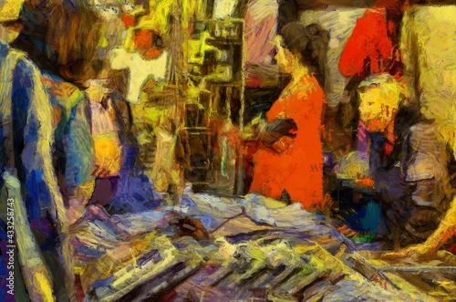 Chiang Mai Walking Street Thailand Handicraft market Illustrations creates an impressionist style of painting. © Kittipong