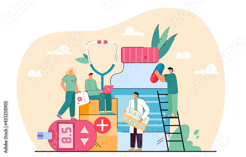 Group of tiny pharmacists. Cartoon doctors with different pills, vitamins, antibiotics flat vector illustration. Pharmacy, drugstore, pharmaceutical business concept for banner, website design