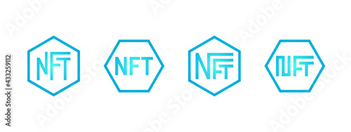 NFT non-fungible blue token logo set. Online money for buy exclusive art icon collection. Pay for unique collectibles in games. Blockchain technology crypto coins. Vector isolated illustration