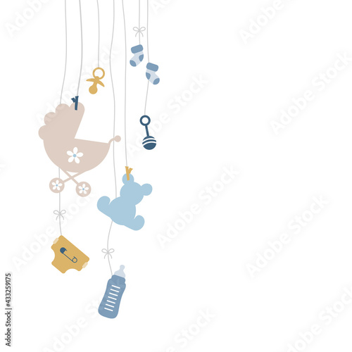 Sieben Links Hängende Babysymbole Junge Retroblau Senfgelb