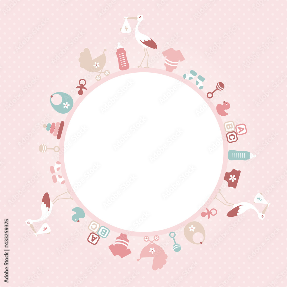Storch Und Babysymbole Mädchen Runder Rahmen Rosa Mintgrün Storch Und Babysymbole Mädchen Runder Rahmen Rosa Mintgrün
