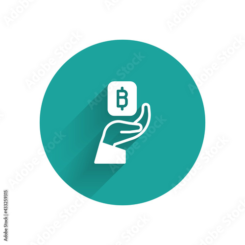 White Hand holding Bitcoin icon isolated with long shadow. Blockchain technology, digital money market, cryptocoin wallet. Green circle button. Vector