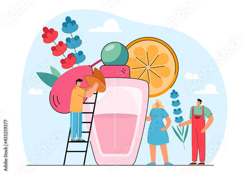 Tiny people making perfume. Cartoon persons with nuts and flowers, deodorant for fresh body smell flat vector illustration. Cosmetics, perfumery concept for banner, website design or landing web page