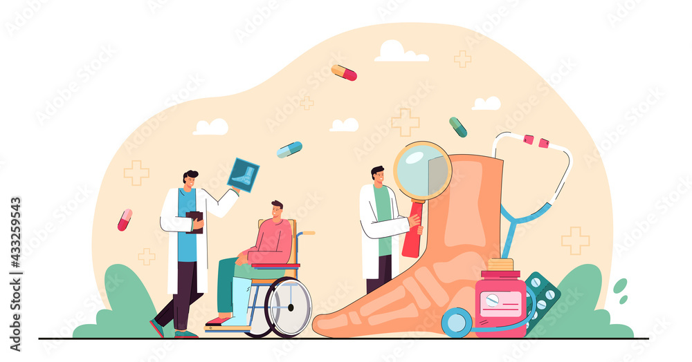 Tiny podiatrists with patient in wheelchair. Cartoon doctors examining foot, ankle, toes flat vector illustration. Podiatry, surgery, treatment concept for banner, website design or landing web page