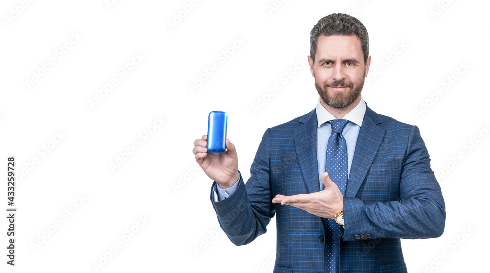 businessman demonstrating modern gadget. successful ceo holding blue box. man with leather box.