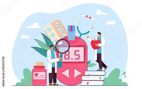 Tiny doctors checking blood glucose level. Cartoon characters examining blood sugar test flat vector illustration. Diabetes, health, medicine, hypoglycemia concept for banner, website design
