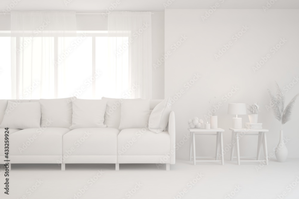 Fototapeta premium White minimalist living room with sofa. Scandinavian interior design. 3D illustration