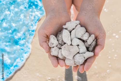 The hands of a young girl close-up hold a pile of white stones against the backdrop of the sea coast