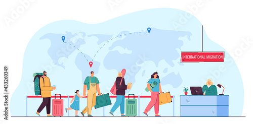 Immigrants queueing for registration. World map with destination pins, woman at counter flat vector illustration. International migration concept for banner, website design or landing web page