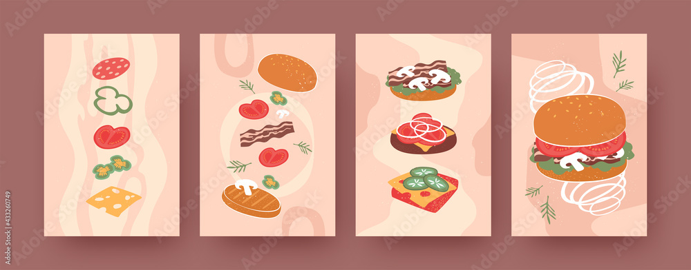 Plakat Set of contemporary posters with ingredients for burger. Patty, vegetables, buns, bacon and hamburger pastel vector illustrations. Fast food, menu designs for social media, postcards, invitation cards