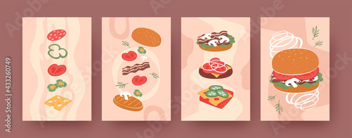 Set of contemporary posters with ingredients for burger. Patty, vegetables, buns, bacon and hamburger pastel vector illustrations. Fast food, menu designs for social media, postcards, invitation cards