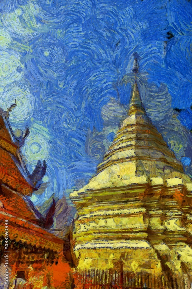 Fototapeta premium Wat Phra That Doi Suthep Temple Chiang Mai Thailand Illustrations creates an impressionist style of painting.