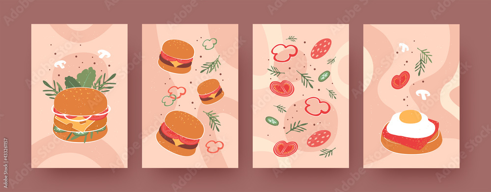 Set of contemporary art posters with burgers. Hamburger, sandwich, tomato, pepper vector illustrations in pastel colors. Fast food concept for menu designs, social media, postcards, invitation cards